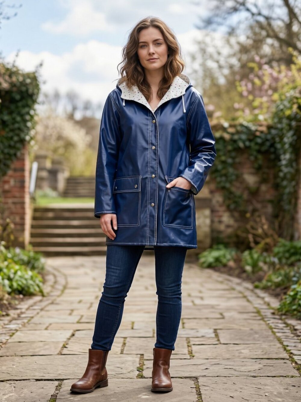 Vintage Rain Jacket Hooded, Blue and White, Heart Confetti Lining Size M